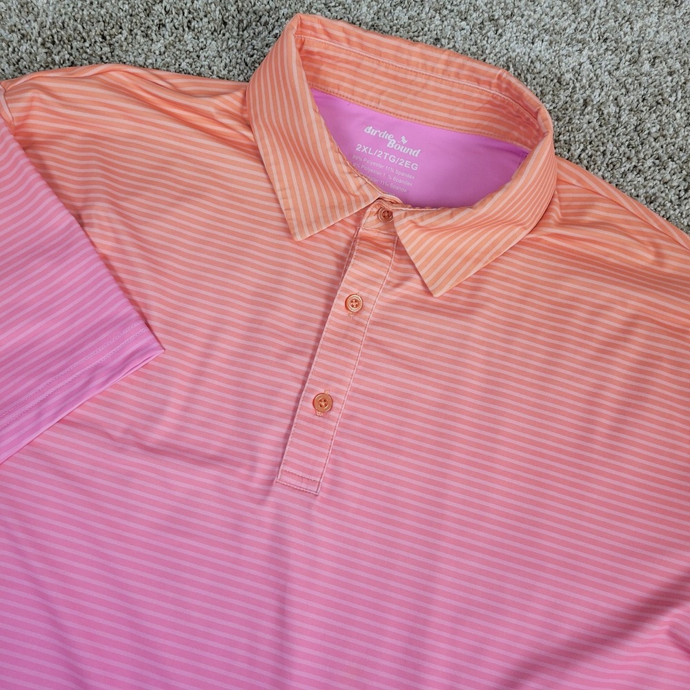 Birdie Bound Mens 2XL Orange Pink Striped Performance Stretch Golf Polo SS